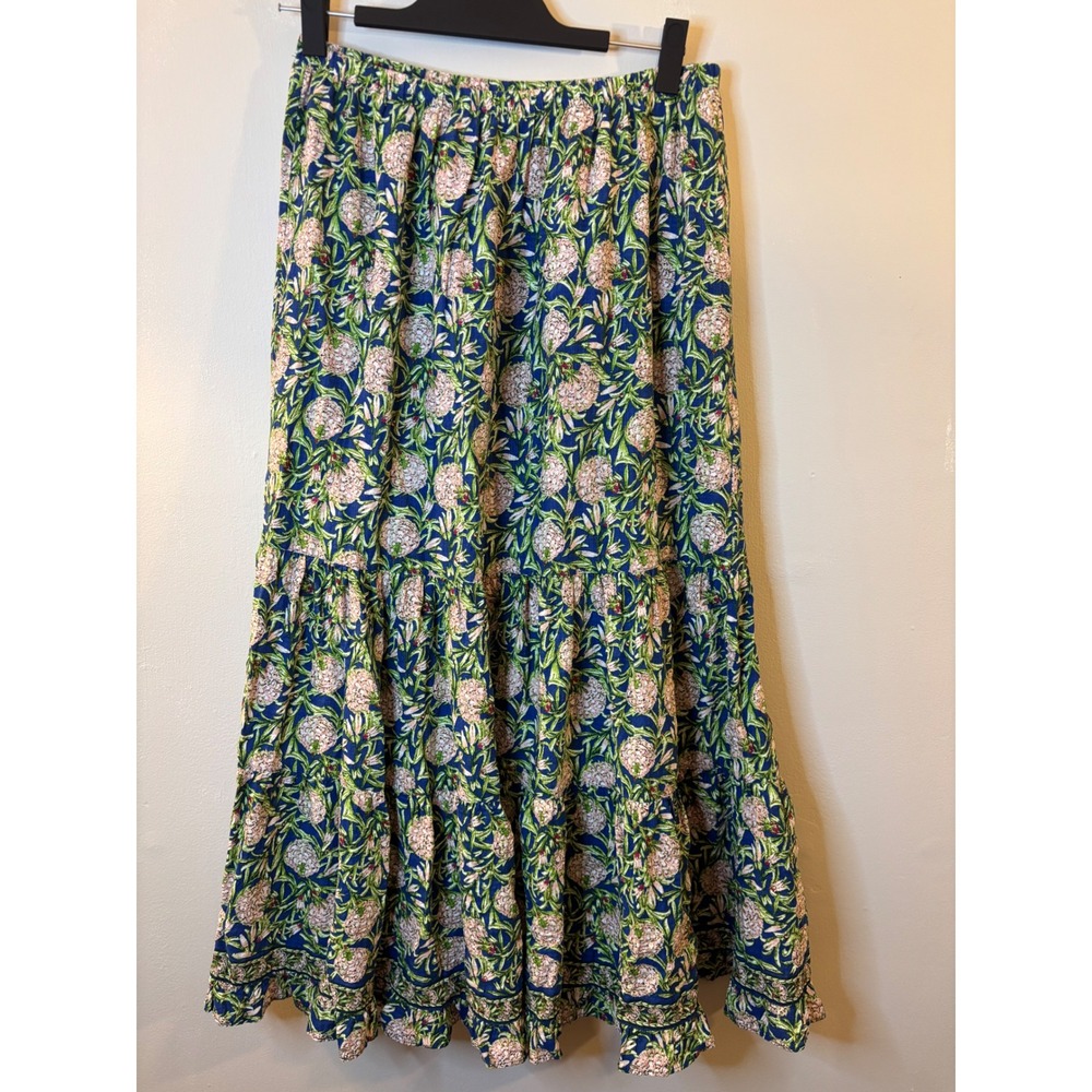 Max Studio Blue & Pink Floral Pull On Tiered Midi Skirt M Boho Cottage Peasant